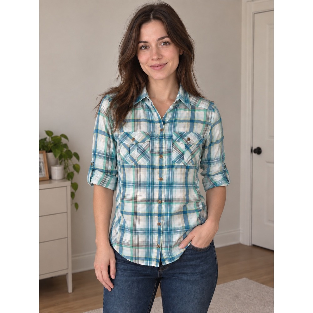 Marmot Womens XS Blue Green Plaid Roll Tab Long Sleeve Hiking Button Down Shirt